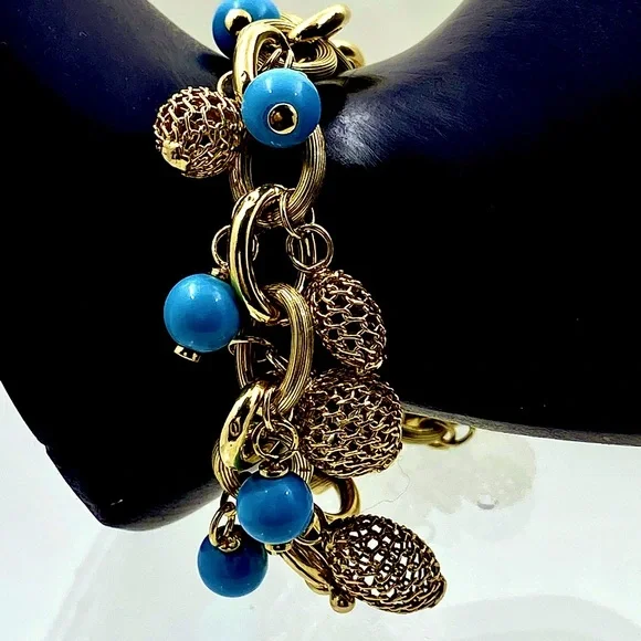 14K Yellow Gold And Turquoise Charm Bracelet - Picture 1 of 4